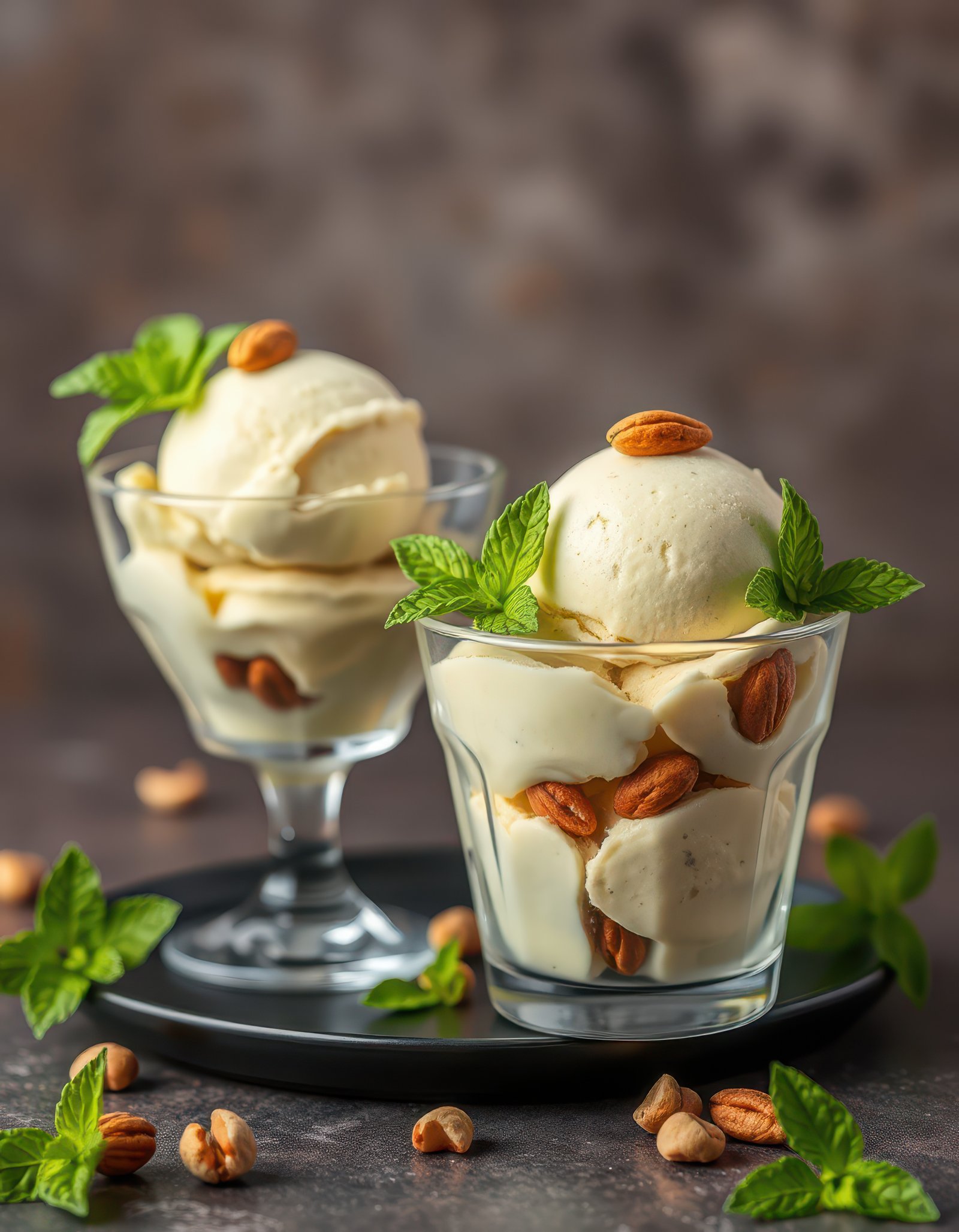 Delicious dessert featuring scoops of ice cream topped with almonds and mint leaves on a dark background